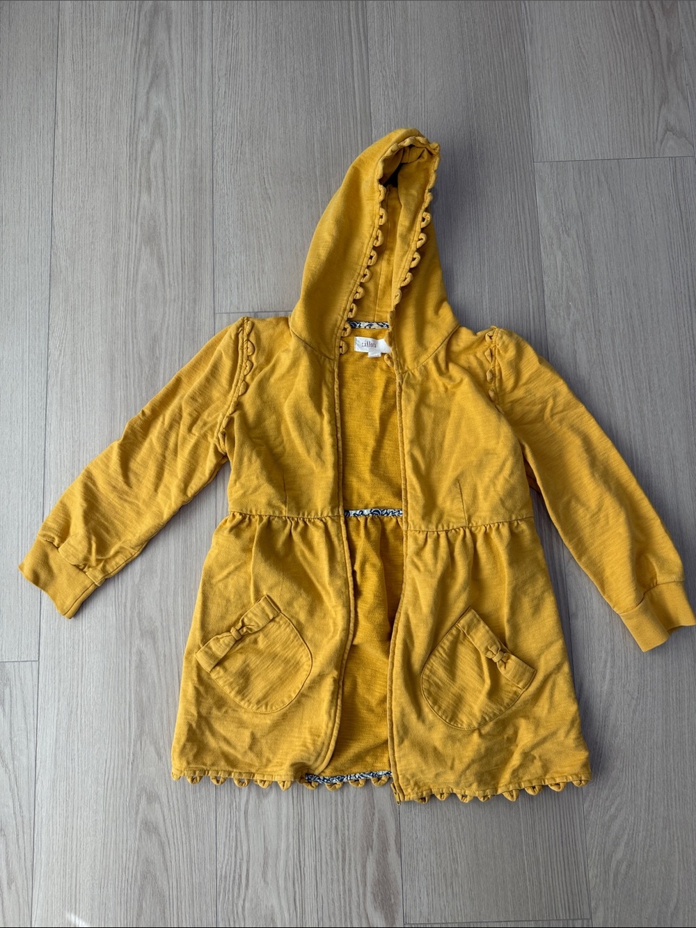 Anthropologie Lilka Mustard Hooded Jacket Size Small Scallop Bow Pockets